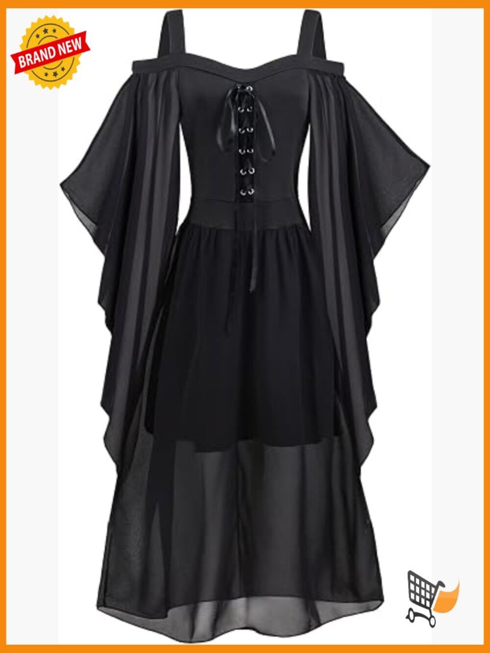 Vintage Gothic Midi Dress Cold Shoulder Flare Sleeve High Low Asymmetrical